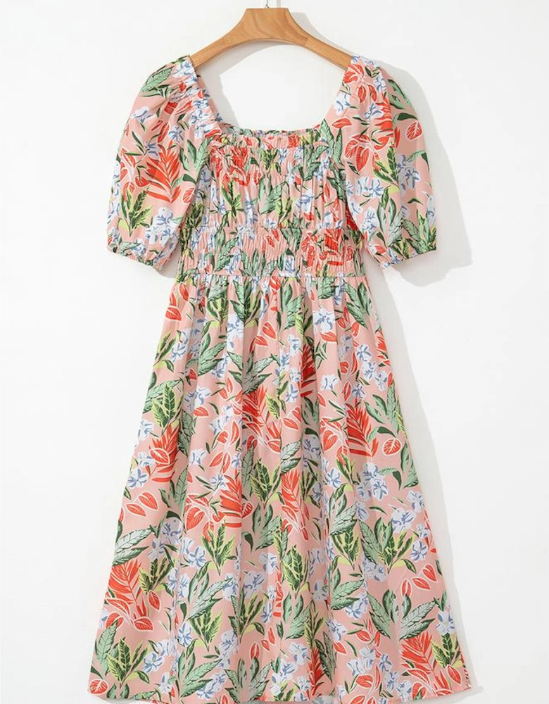 Apricot Pink Floral Smocked Bust Bubble Short Sleeve Maxi Dress