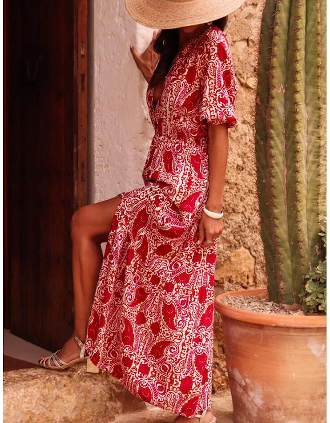 Red Paisley Print Side Slit Puff Sleeve High Waist Maxi Dress