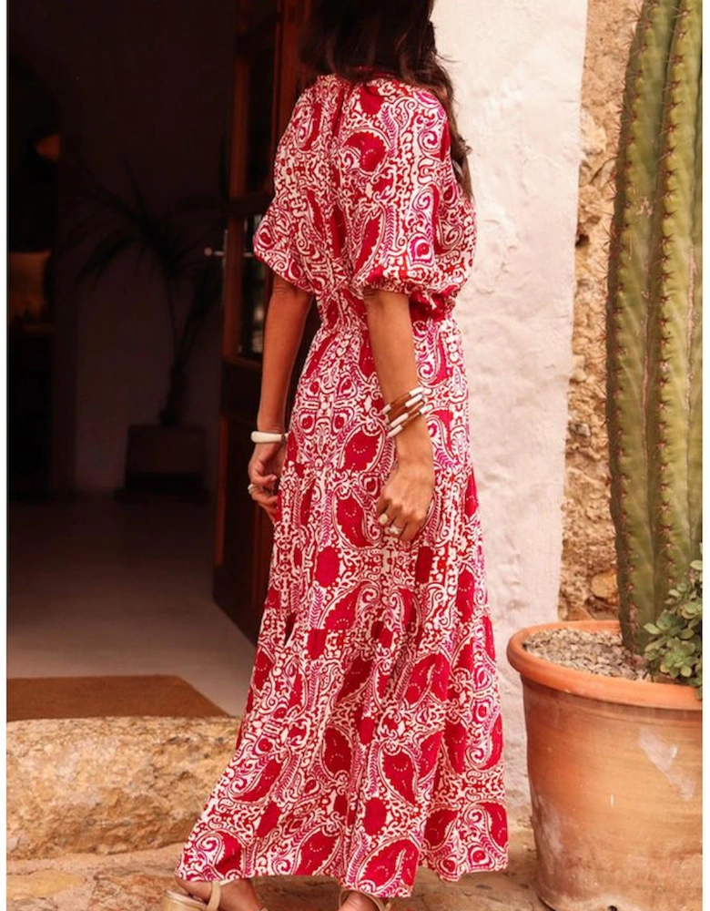 Red Paisley Print Side Slit Puff Sleeve High Waist Maxi Dress