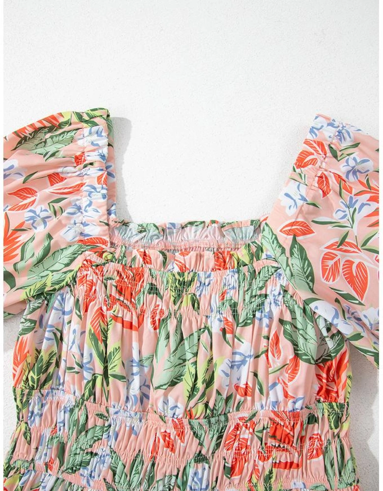 Apricot Pink Floral Smocked Bust Bubble Short Sleeve Maxi Dress
