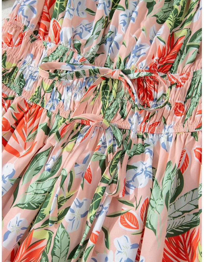 Apricot Pink Floral Smocked Bust Bubble Short Sleeve Maxi Dress