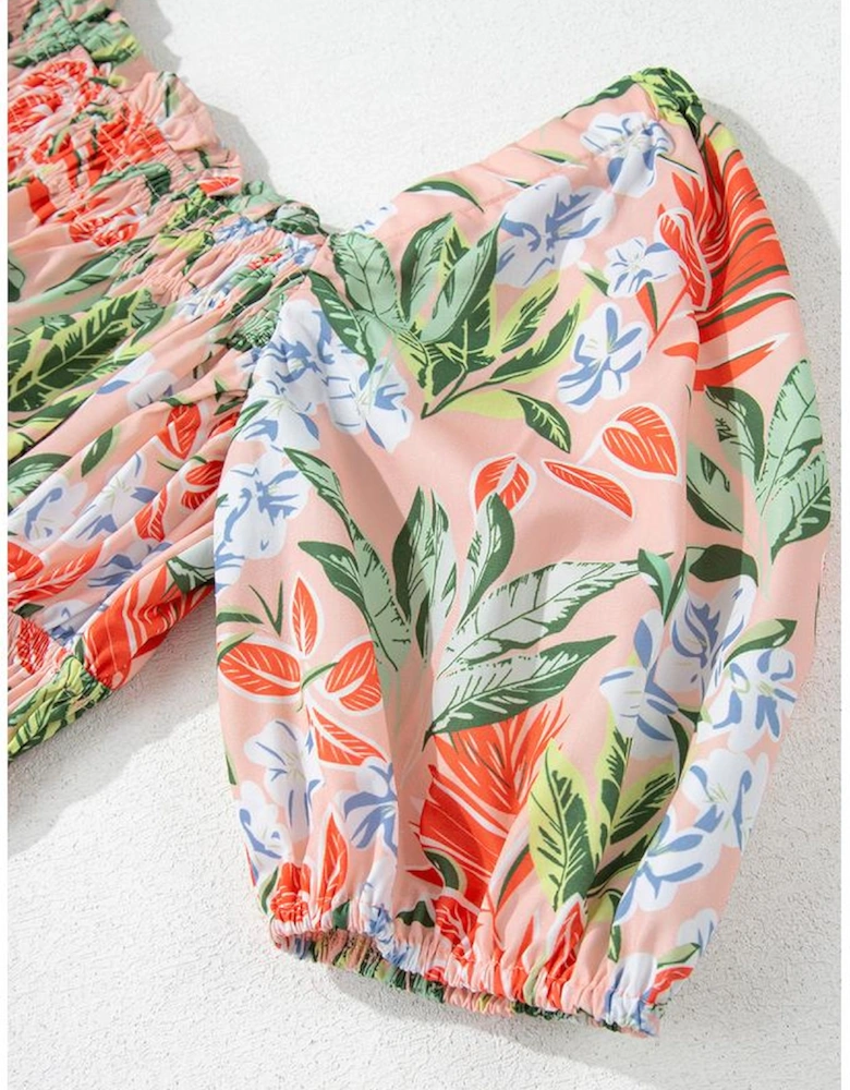 Apricot Pink Floral Smocked Bust Bubble Short Sleeve Maxi Dress