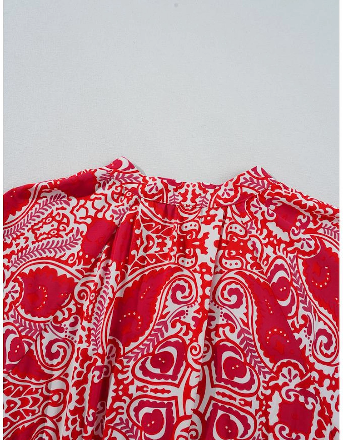 Red Paisley Print Side Slit Puff Sleeve High Waist Maxi Dress