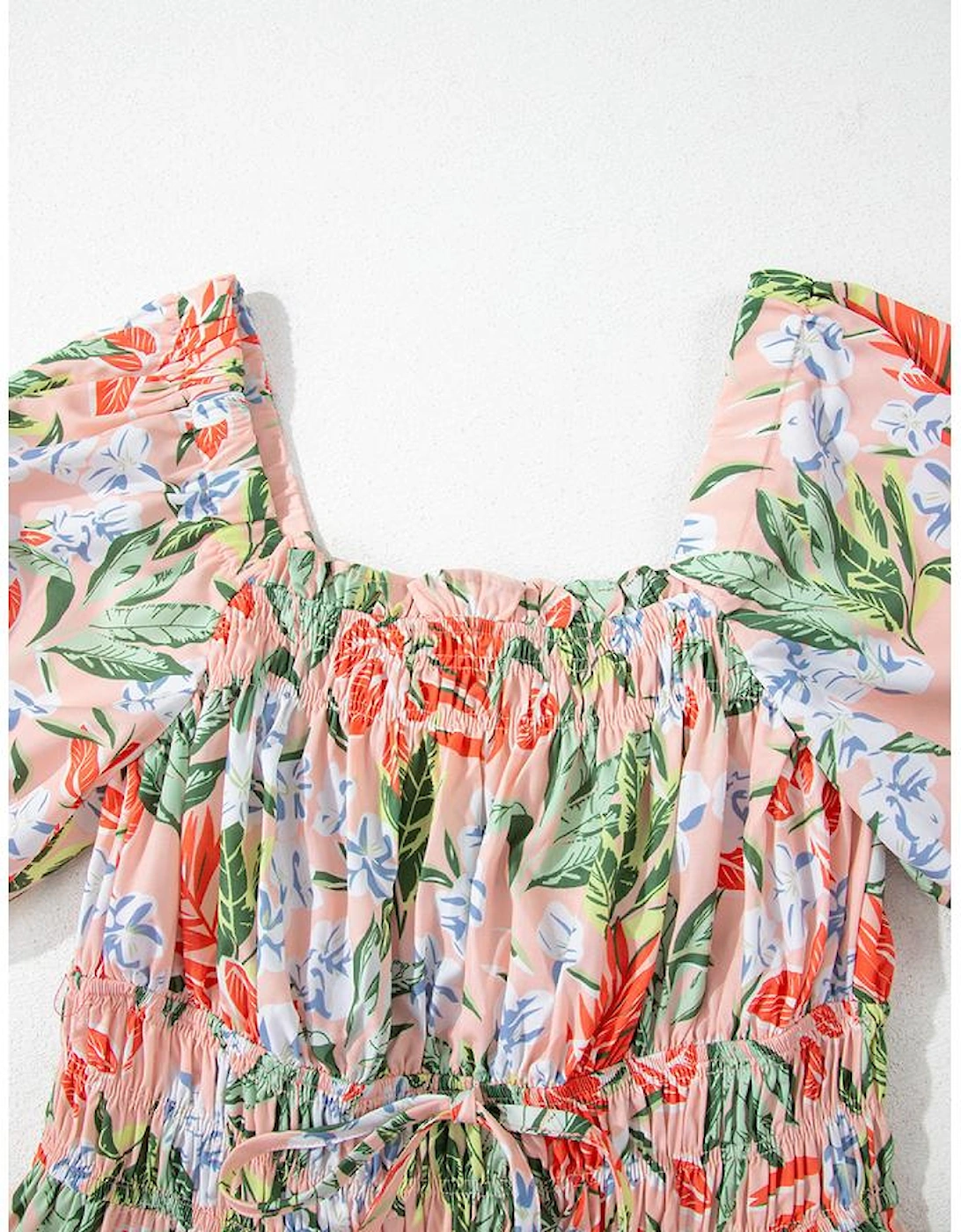 Apricot Pink Floral Smocked Bust Bubble Short Sleeve Maxi Dress