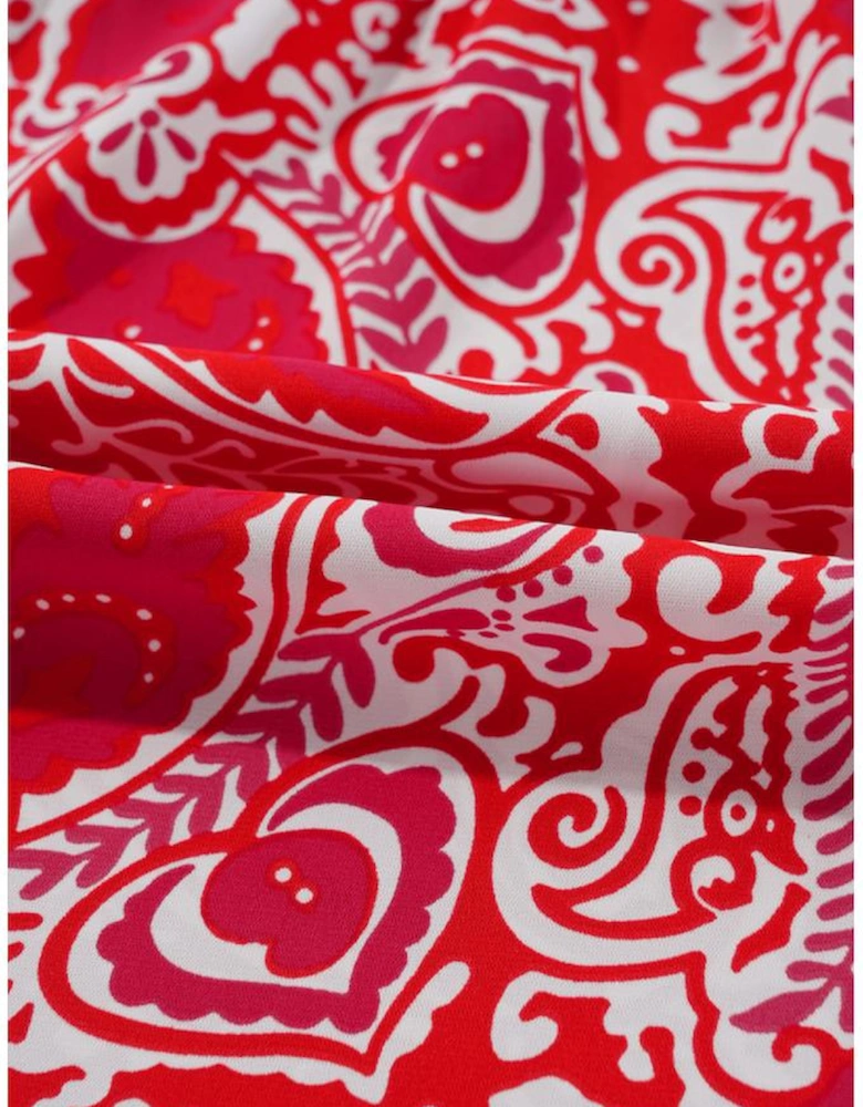 Red Paisley Print Side Slit Puff Sleeve High Waist Maxi Dress