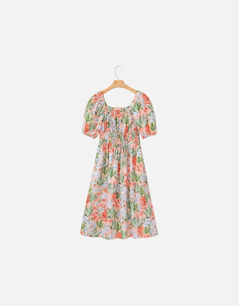 Apricot Pink Floral Smocked Bust Bubble Short Sleeve Maxi Dress