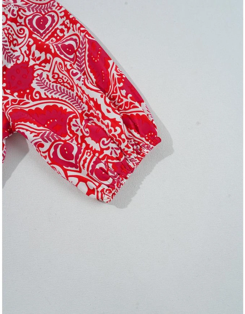 Red Paisley Print Side Slit Puff Sleeve High Waist Maxi Dress