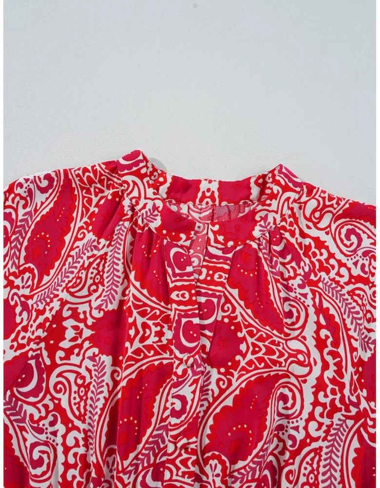Red Paisley Print Side Slit Puff Sleeve High Waist Maxi Dress