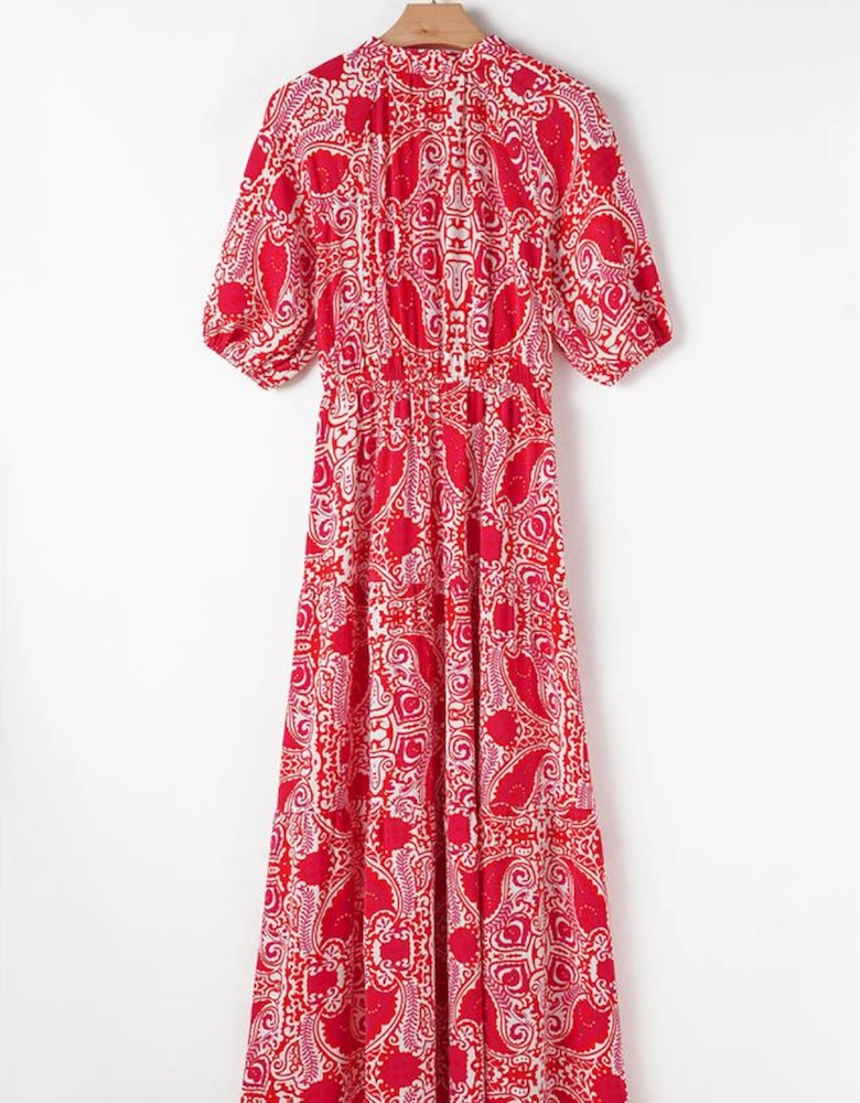 Red Paisley Print Side Slit Puff Sleeve High Waist Maxi Dress