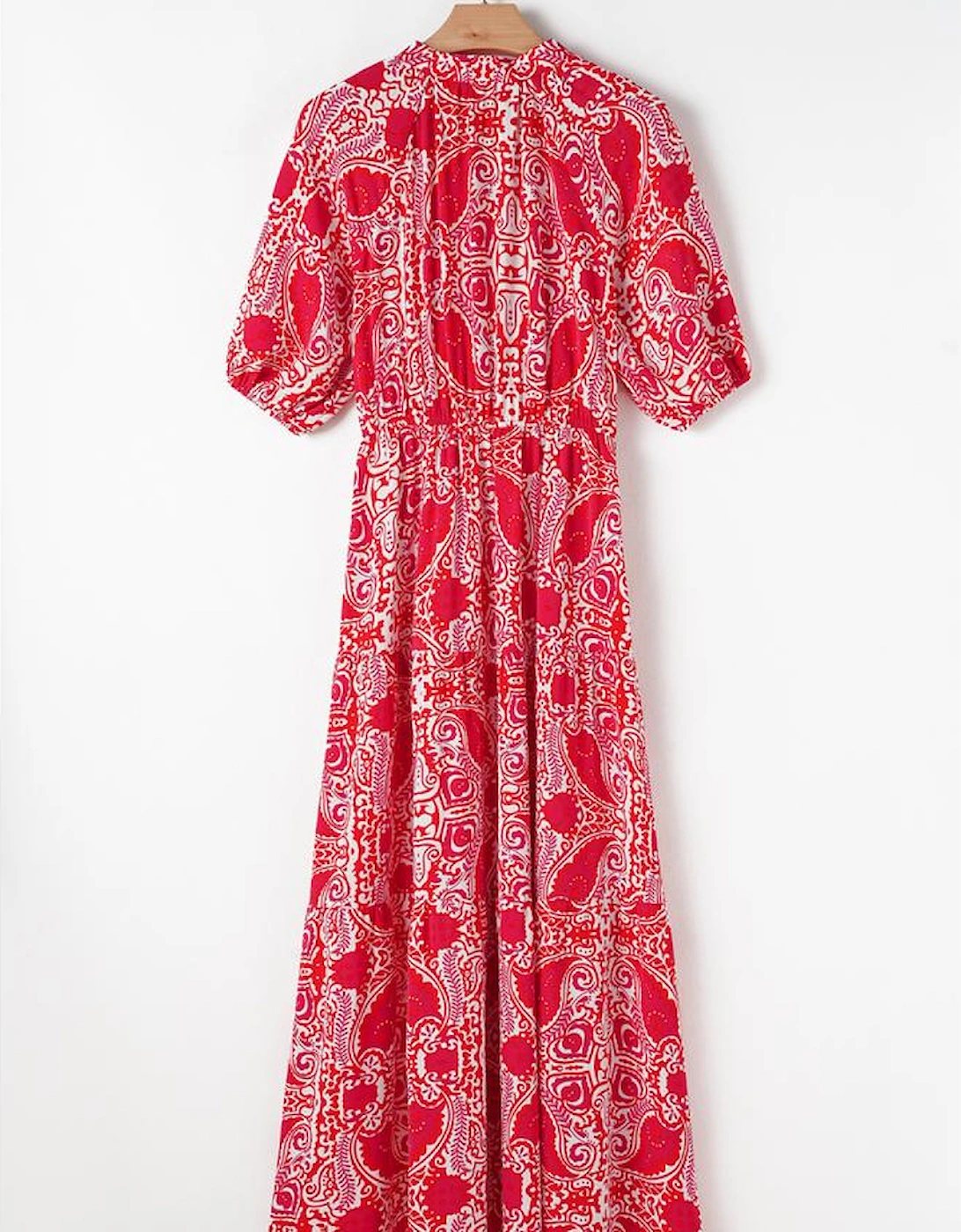 Red Paisley Print Side Slit Puff Sleeve High Waist Maxi Dress