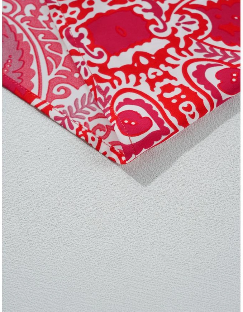 Red Paisley Print Side Slit Puff Sleeve High Waist Maxi Dress