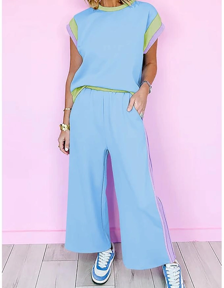 Sky Blue Color Block Detail Casual Two-piece Outfit