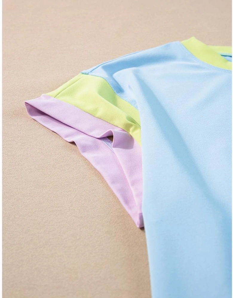 Sky Blue Color Block Detail Casual Two-piece Outfit