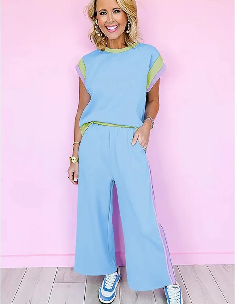 Sky Blue Color Block Detail Casual Two-piece Outfit