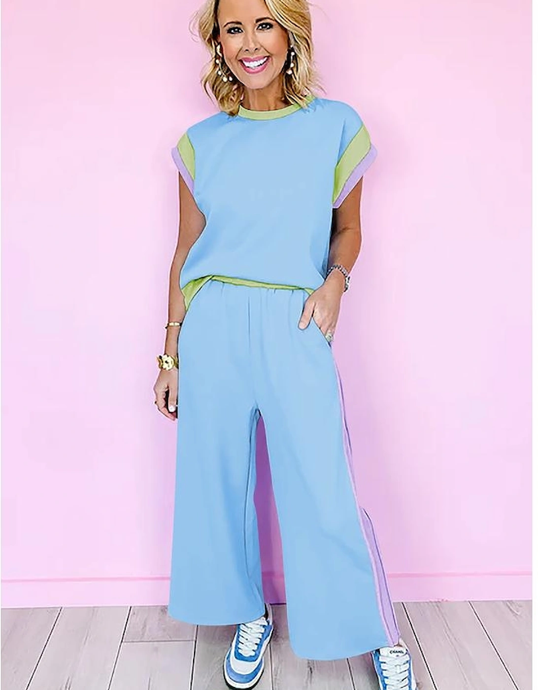 Sky Blue Color Block Detail Casual Two-piece Outfit
