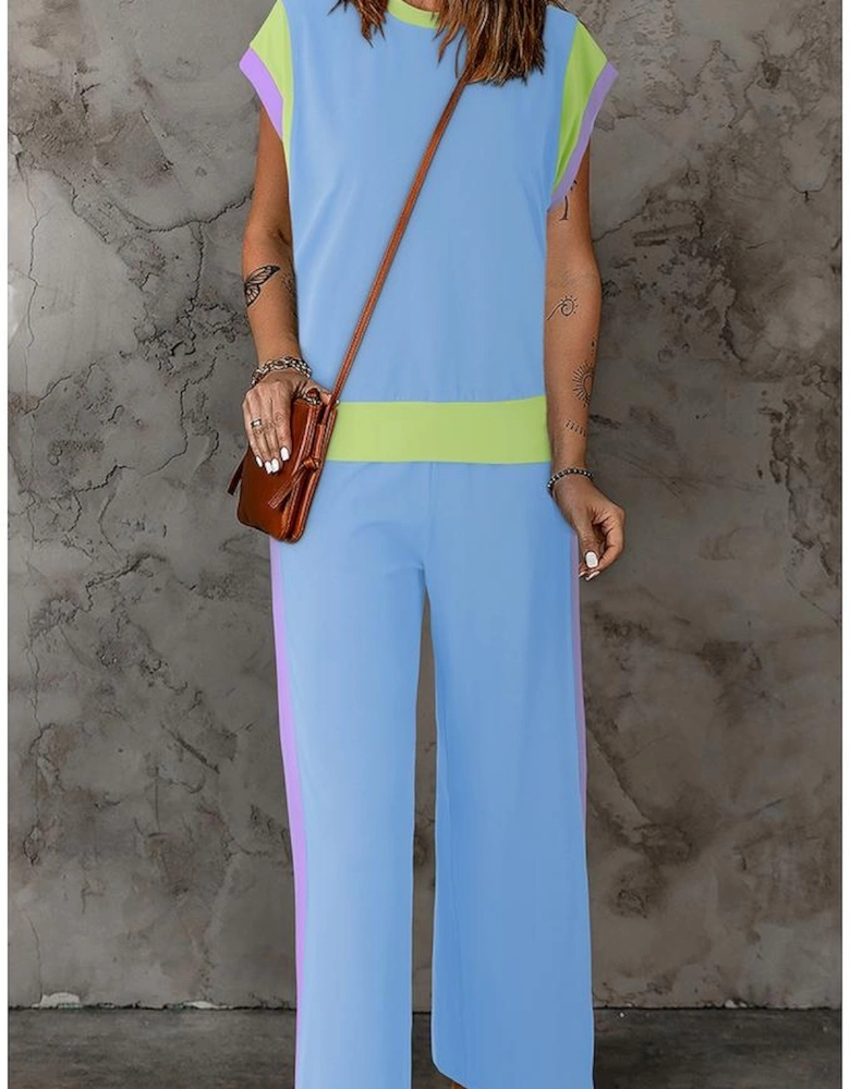 Sky Blue Color Block Detail Casual Two-piece Outfit