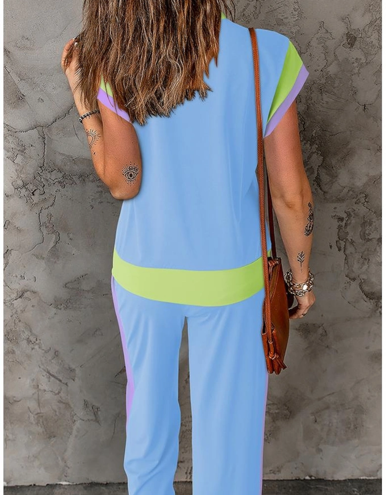 Sky Blue Color Block Detail Casual Two-piece Outfit