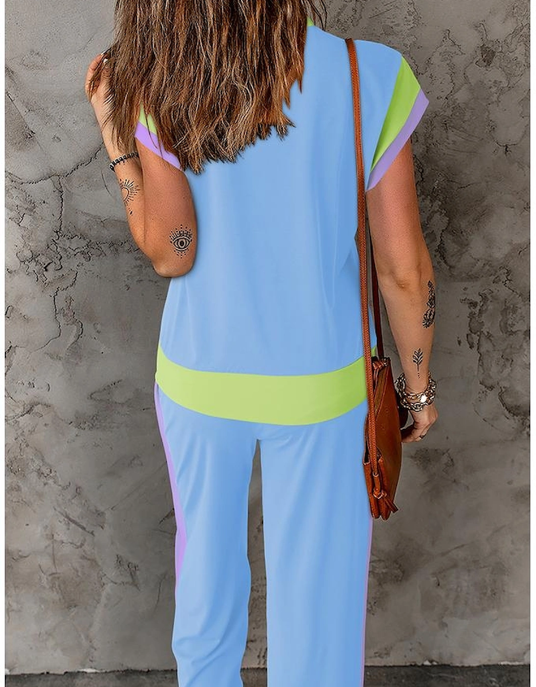 Sky Blue Color Block Detail Casual Two-piece Outfit