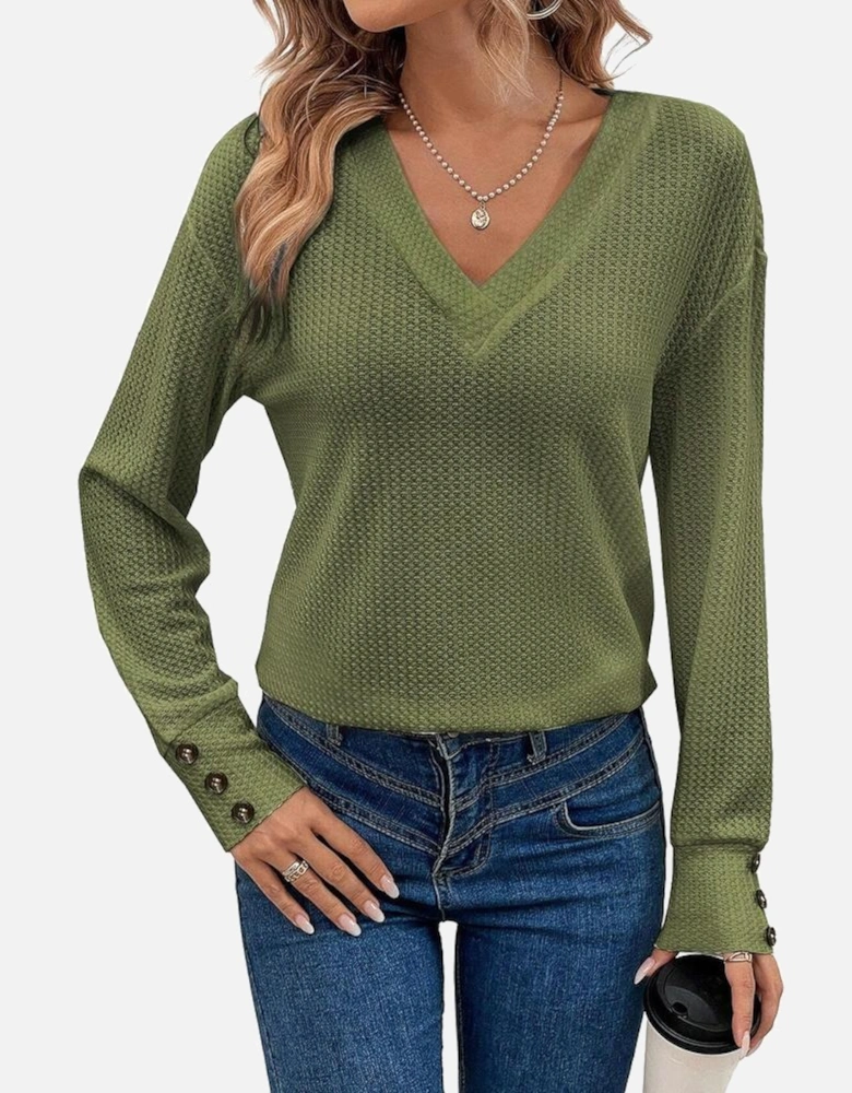 Jungle Green Textured Knit V Neck Button Cuffs Long Sleeve Top