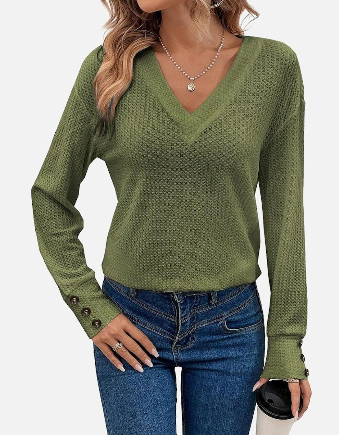Jungle Green Textured Knit V Neck Button Cuffs Long Sleeve Top