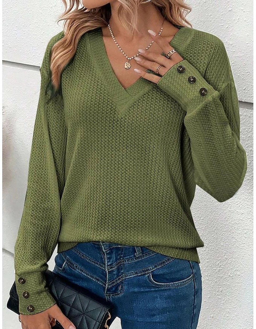 Jungle Green Textured Knit V Neck Button Cuffs Long Sleeve Top