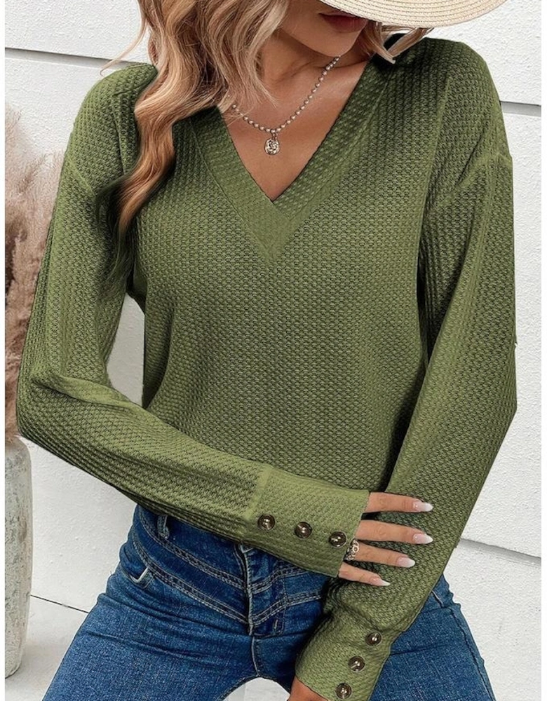Jungle Green Textured Knit V Neck Button Cuffs Long Sleeve Top