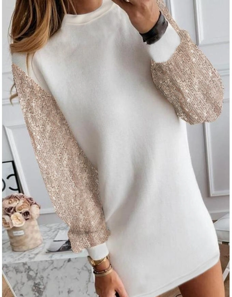 White Sequin Puff Sleeve Shift Mini Dress