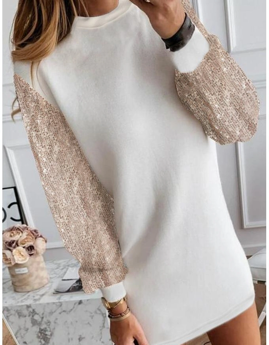 White Sequin Puff Sleeve Shift Mini Dress