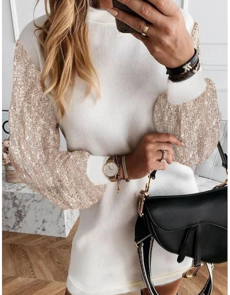 White Sequin Puff Sleeve Shift Mini Dress