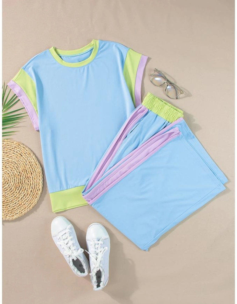 Sky Blue Color Block Detail Casual Two-piece Outfit