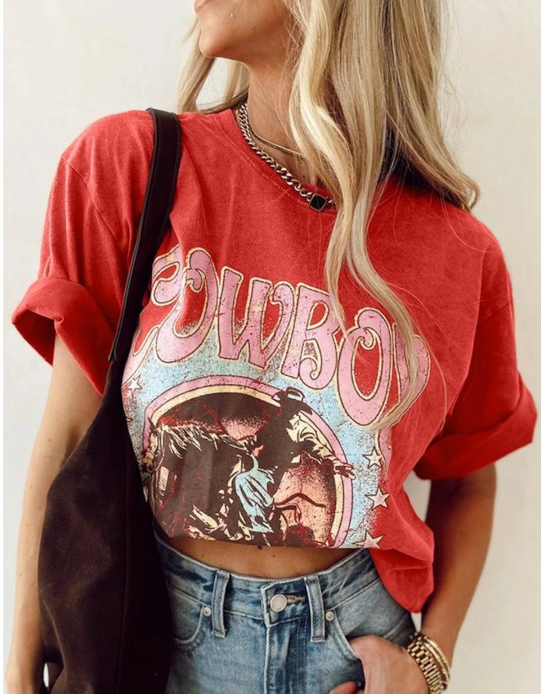 Tomato Red COWBOY Take Me Away Graphic Western Loose Tee