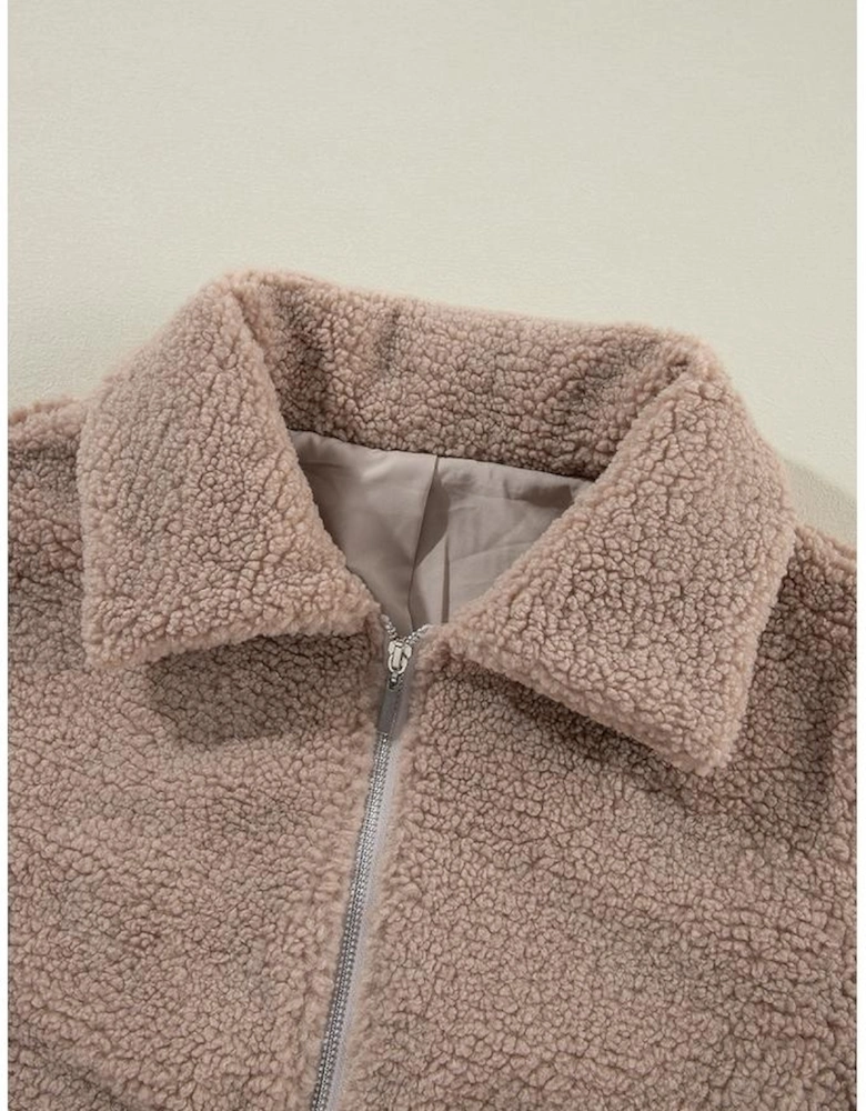 Light French Beige Zipper Pocketed Winter Fuzzy Jacket