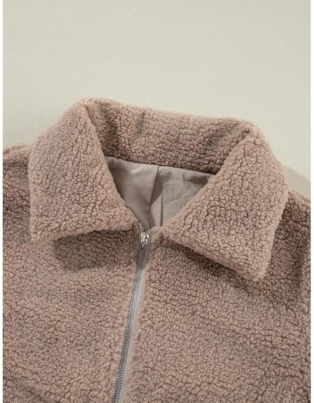 Light French Beige Zipper Pocketed Winter Fuzzy Jacket