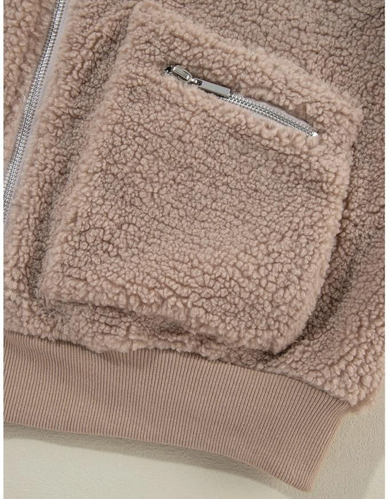 Light French Beige Zipper Pocketed Winter Fuzzy Jacket