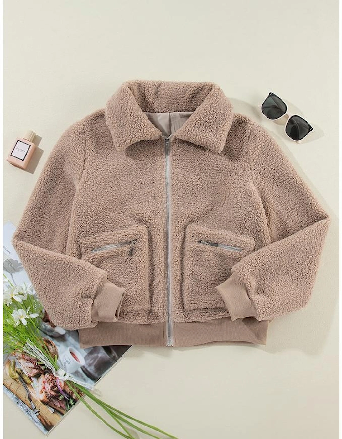 Light French Beige Zipper Pocketed Winter Fuzzy Jacket