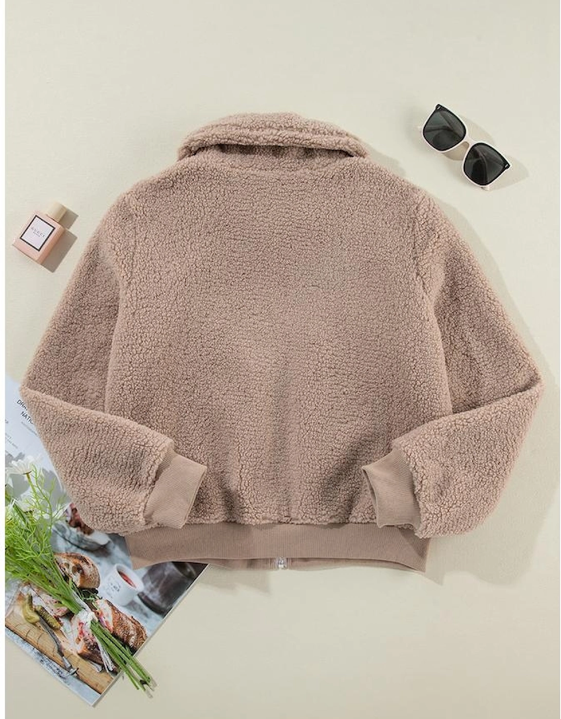 Light French Beige Zipper Pocketed Winter Fuzzy Jacket