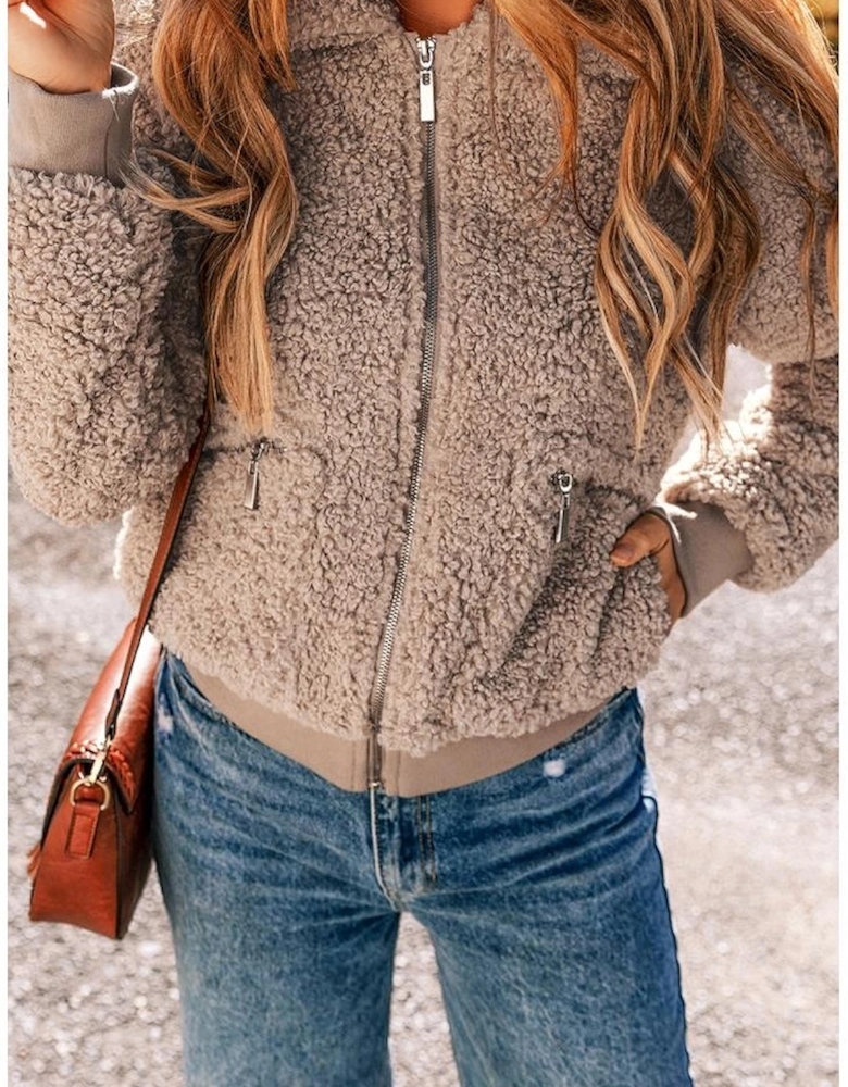 Light French Beige Zipper Pocketed Winter Fuzzy Jacket