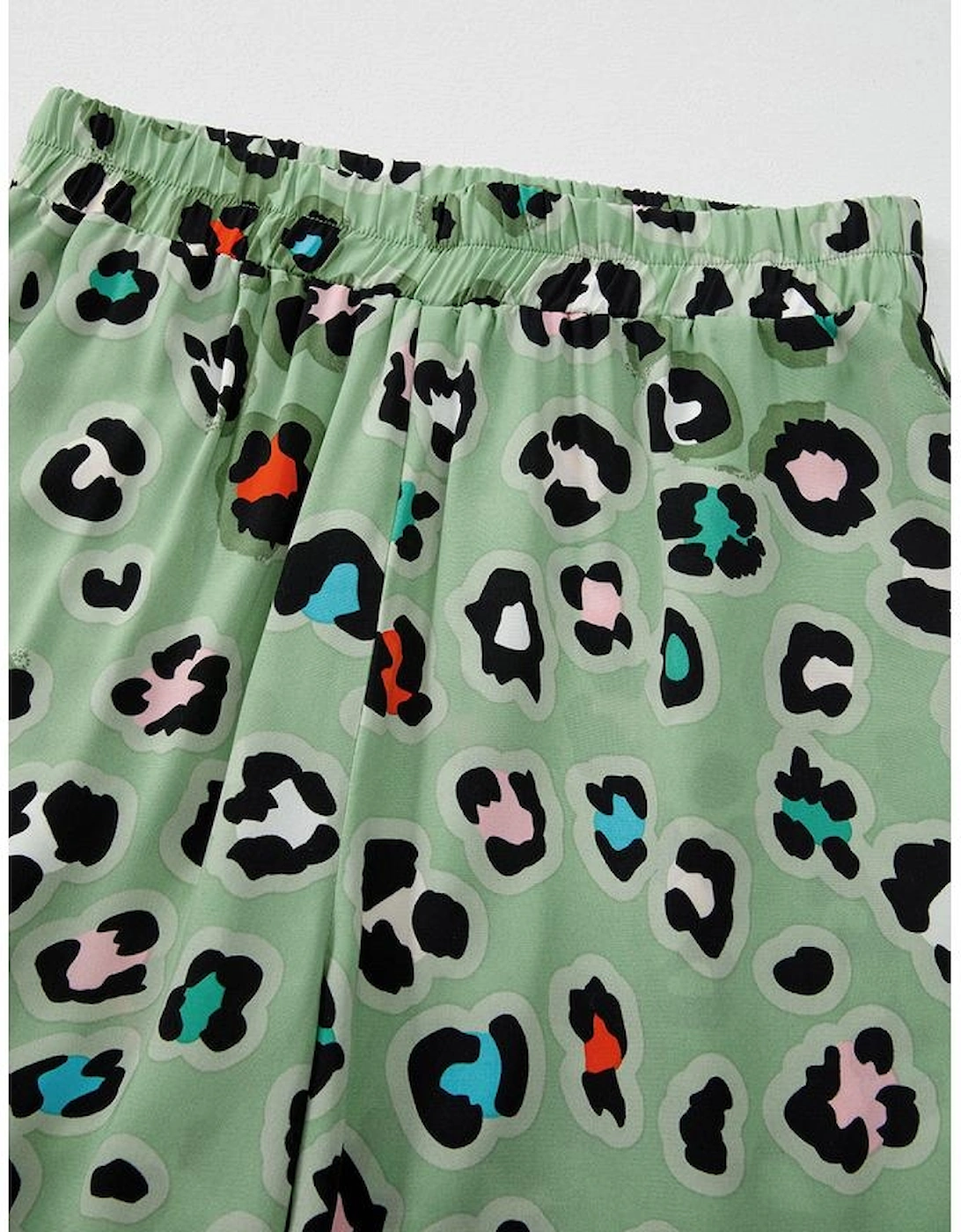 Green Leopard Print Short Sleeve Shirt and Wide Leg Pants Set