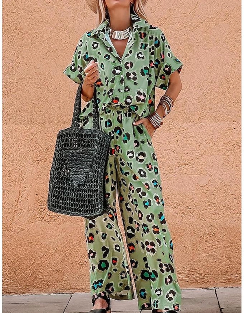 Green Leopard Print Short Sleeve Shirt and Wide Leg Pants Set