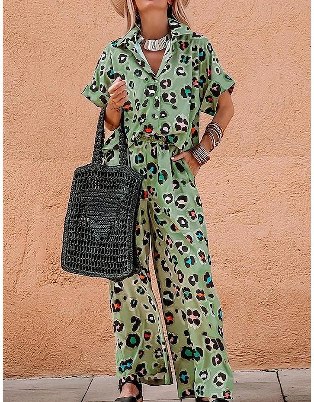 Green Leopard Print Short Sleeve Shirt and Wide Leg Pants Set, 13 of 12