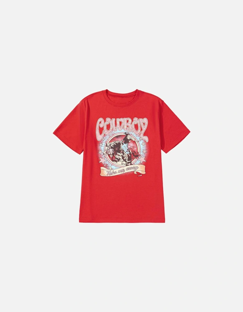 Tomato Red COWBOY Take Me Away Graphic Western Loose Tee