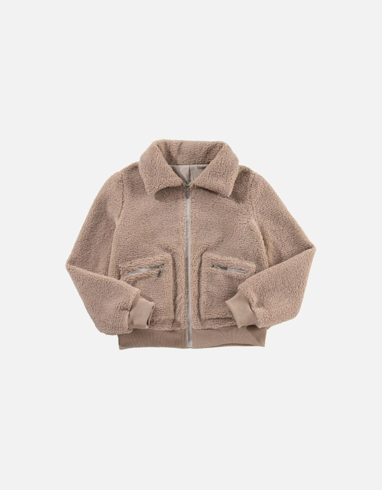 Light French Beige Zipper Pocketed Winter Fuzzy Jacket