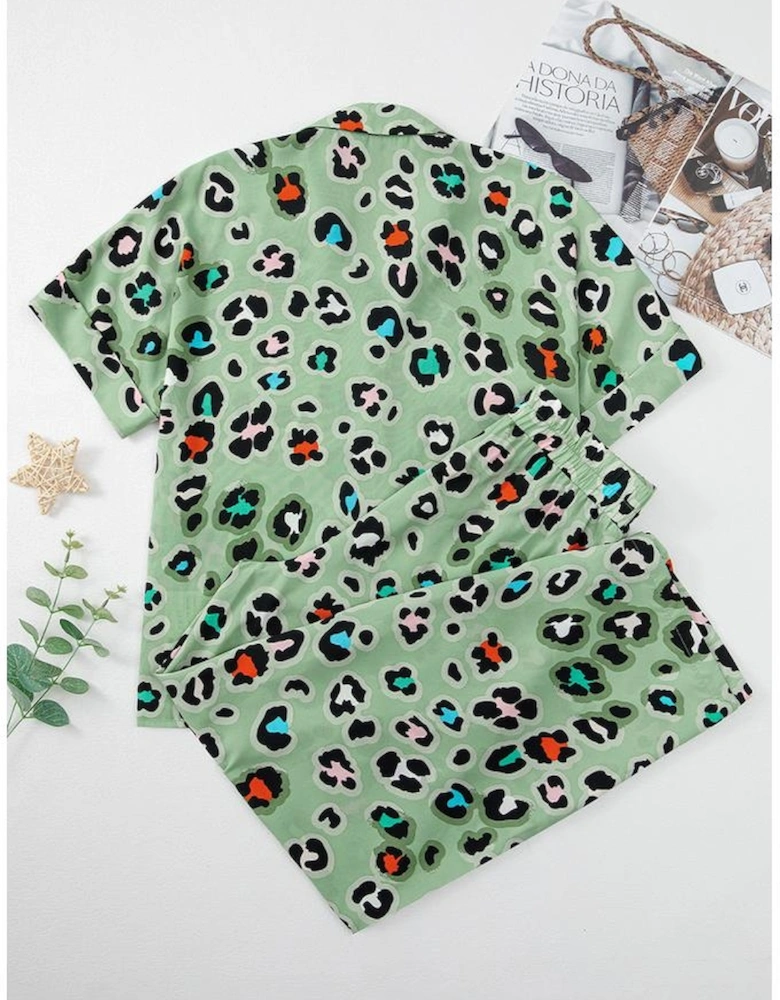 Green Leopard Print Short Sleeve Shirt and Wide Leg Pants Set