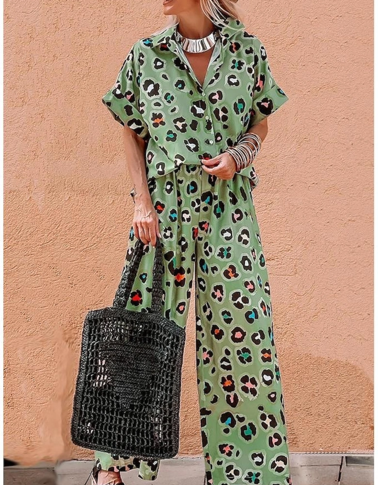 Green Leopard Print Short Sleeve Shirt and Wide Leg Pants Set