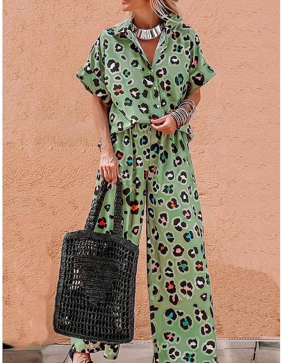Green Leopard Print Short Sleeve Shirt and Wide Leg Pants Set