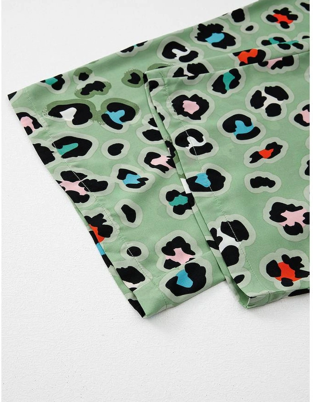 Green Leopard Print Short Sleeve Shirt and Wide Leg Pants Set