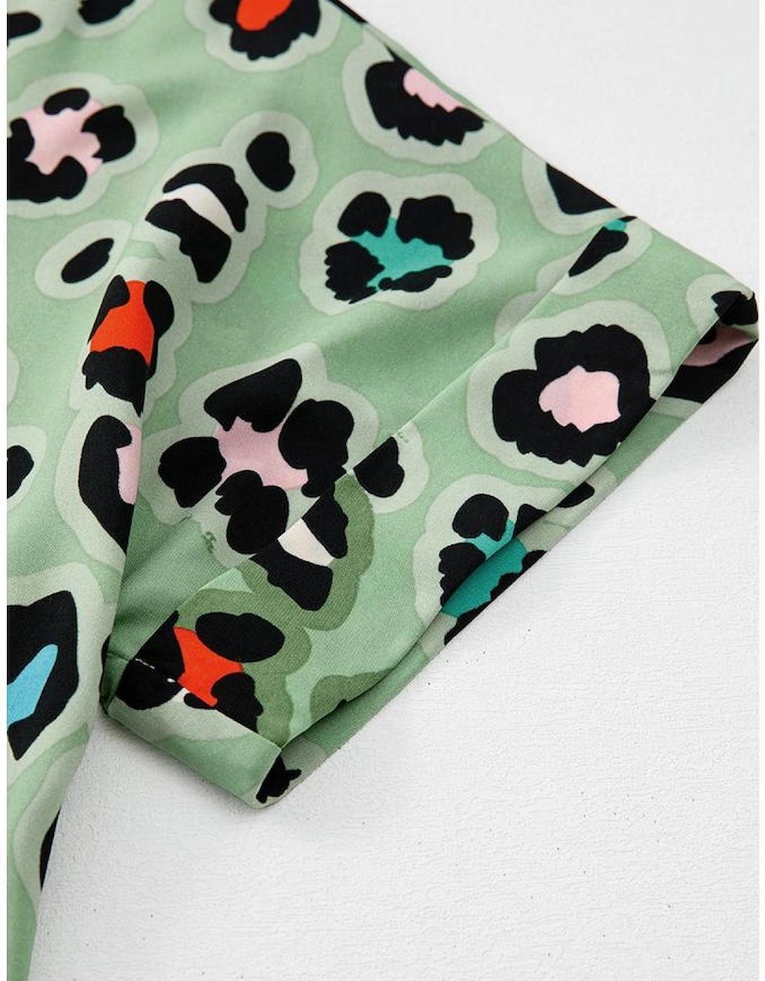 Green Leopard Print Short Sleeve Shirt and Wide Leg Pants Set