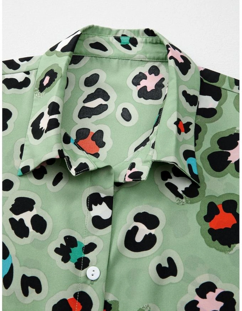 Green Leopard Print Short Sleeve Shirt and Wide Leg Pants Set