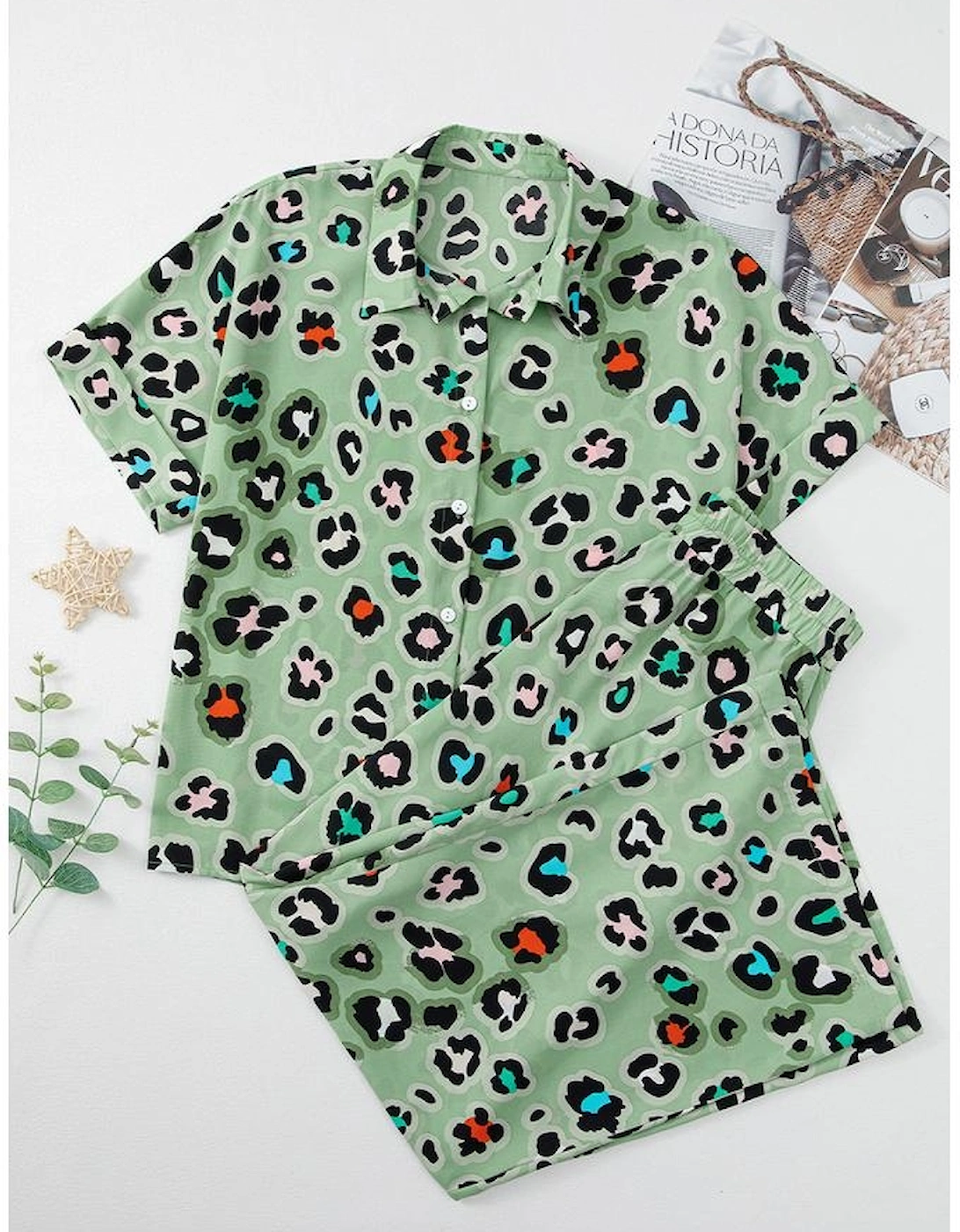 Green Leopard Print Short Sleeve Shirt and Wide Leg Pants Set