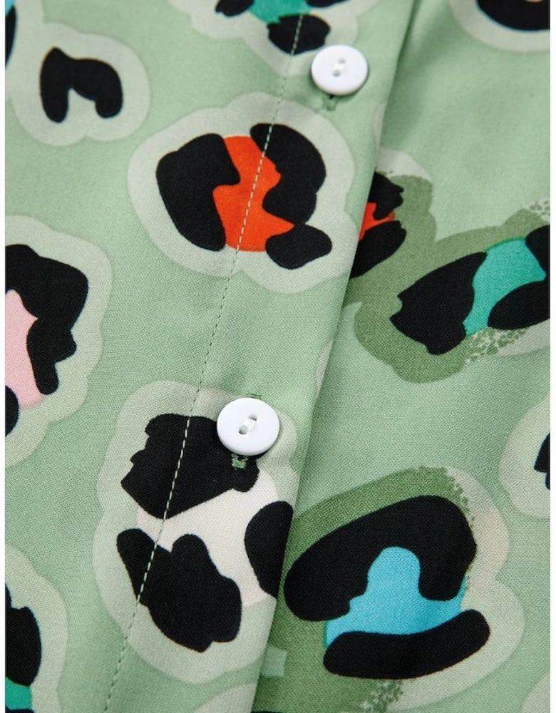 Green Leopard Print Short Sleeve Shirt and Wide Leg Pants Set